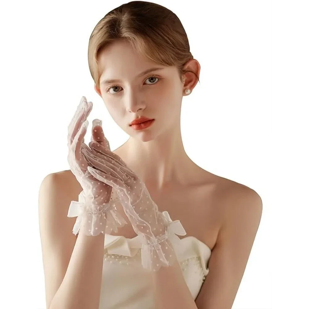 Women's Blue Short Polka Dot Lace Bow Mesh Party Wedding Bridal Gloves Prom